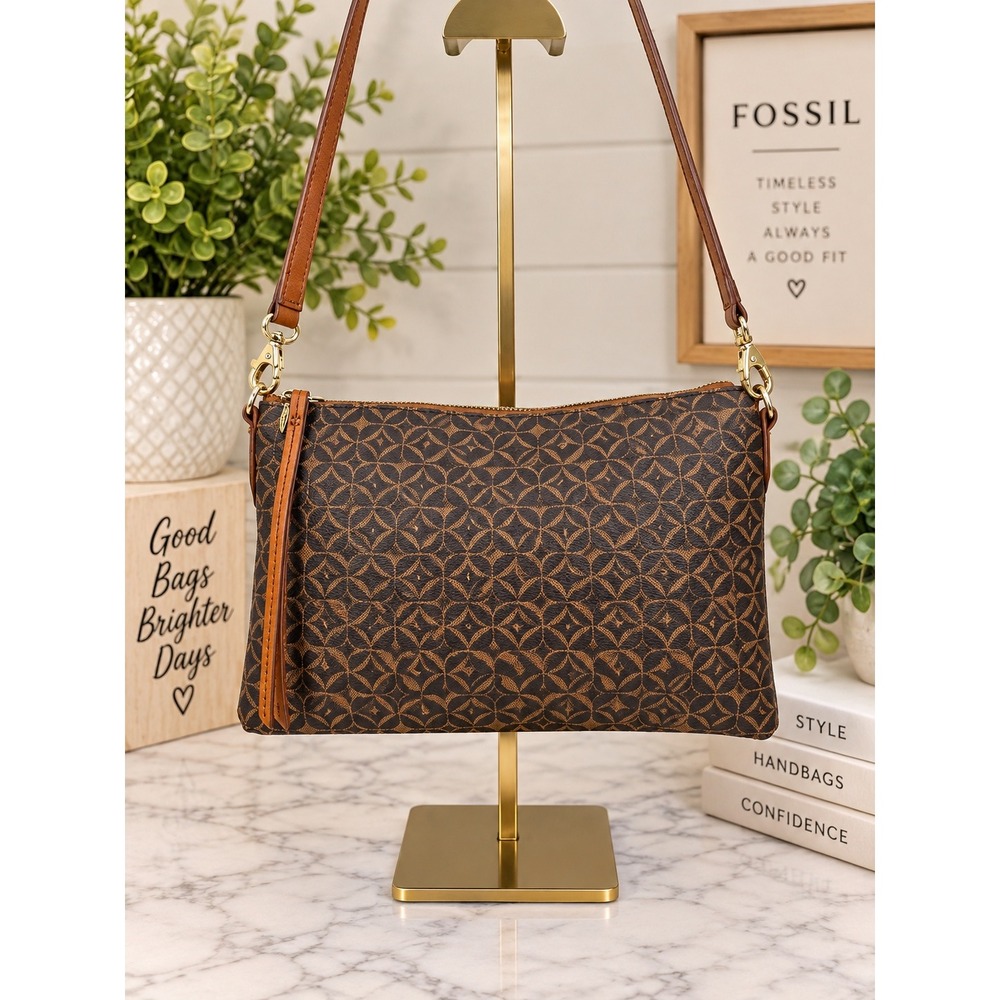 Fossil Brown Logo Print Crossbody Bag Brown Leather Trim Gold Tone Hardware